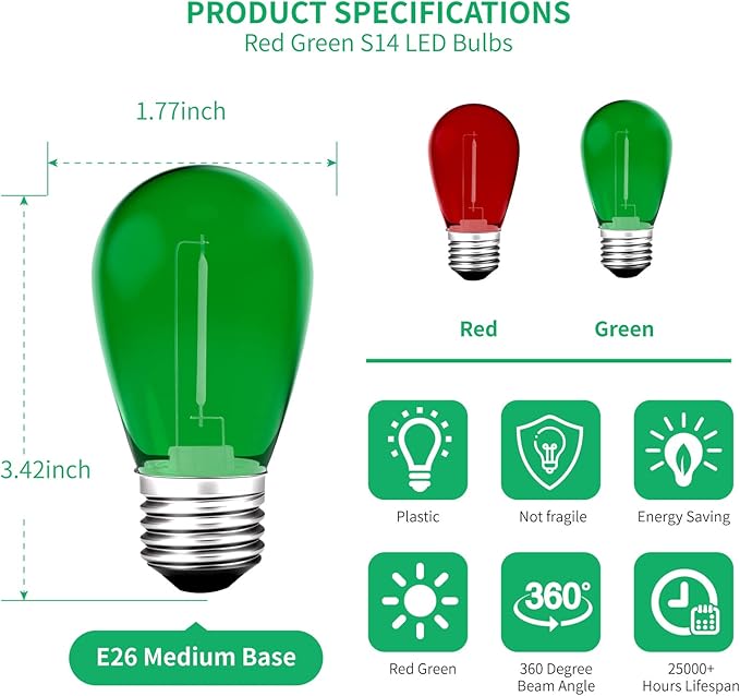 S14 Colored LED String Light Bulbs, 24-Pack 1W Plastic Shatterproof Waterproof Outdoor Indoor Replacement Bulbs for Home Decor, E26 Medium Screw Base, Red and Green Christmas Bulbs