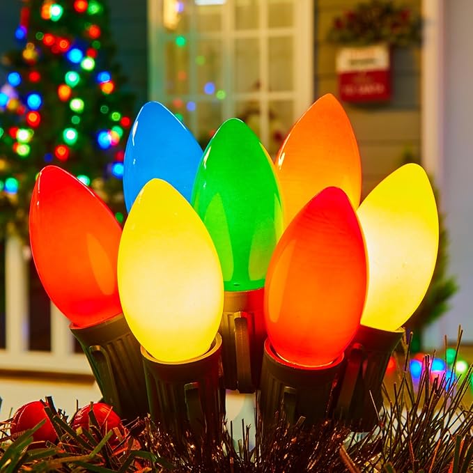 C9 Christmas Lights Outdoor Multicolor, 50 FT Vintage String Lights for Holiday Indoor Room Roofline Backyard Garden Patio Home Xmas Decor, E17 Base, Green Wire