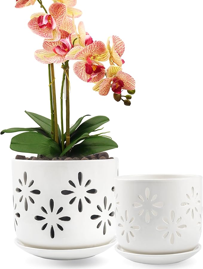 Orchid Pots with Holes, 5+6 Inch Orchid Pots with Drainage Holes and Tray, Effective Drainage and Ventilation to Assist New Plants or Repotting, Indoor/Outdoor Flower Pots -White