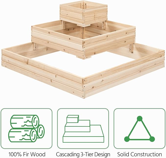 Yaheetech 3 Tier Wooden Raised Garden Bed 44.5'' L×44.5″ W×20.5″ H, 2 PCS Horticulture Open-Bottom Planter Raised Garden Bed for Flowers/Herbs/Vegetables Planter Flower Box