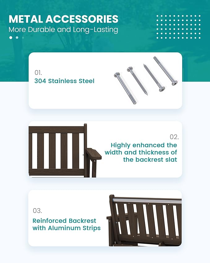 SERWALL Outdoor Bench, HDPE Outdoor Benches Weatherproof, 2-Person Garden Bench with 660 lbs Weight Capacity, Patio Benches for Outdoors, Garden, Porch, Backyard and Park, Coffee, 2 Pack