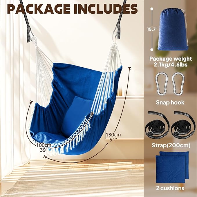 Chihee Hammock Chair Hanging Swing 2 Pillows Included,Strong Webbing Straps and Hooks for Easy Hanging Soft Cotton Hanging Chair Side Pocket Tassel Chair Comfort Indoor Outdoor Royal Blue