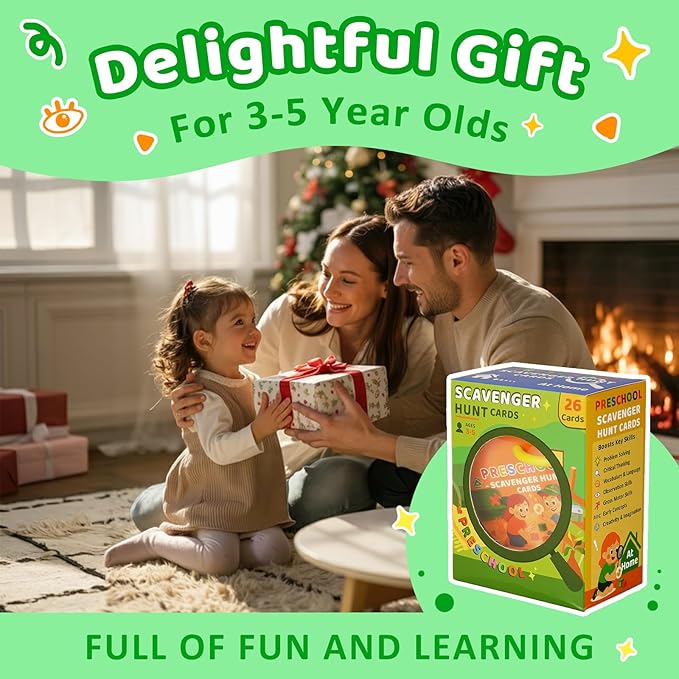 Indoor Scavenger Hunt for Preschool, 26pcs Scavenger Hunt Game Cards at Home, for Boys and Girls Ages 3-5, Birthday for Kids