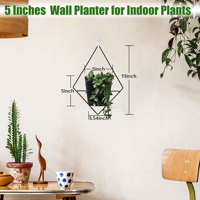 3 Sets of Wall Planters for Indoor Plants, Hanging Wall Planter with Black Metal Holder, Geometric Self Watering Wall Flower Pots, Wall Mounted Succulent Planter, 5" Black Plant Pot