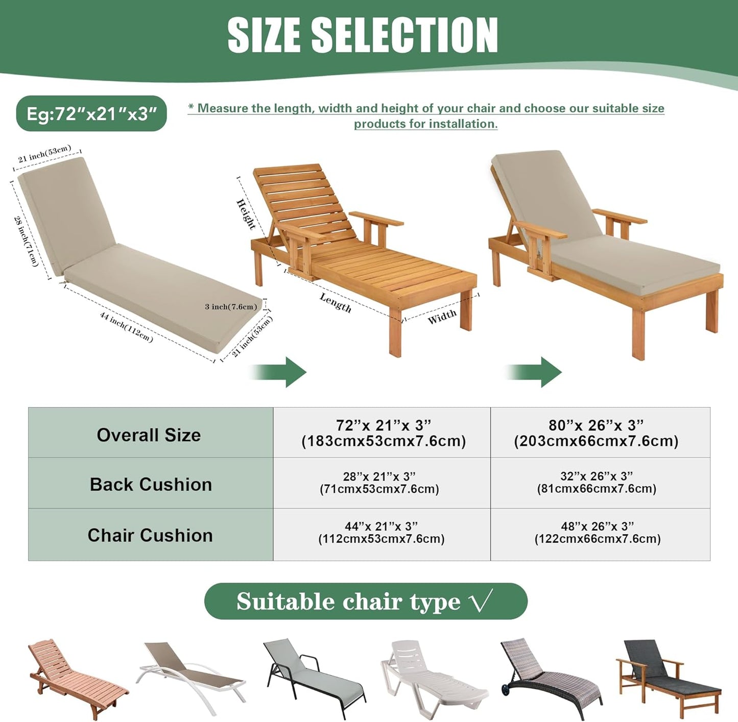 Chaise Lounge Cushions Outdoor - Waterproof and Fade Resistant Sun Lounger Replacement Cushions - Patio Lounger Pads with Removable Cover for Pool, Deck, Lawn, 72 x 21 x 3 Inch, Cream