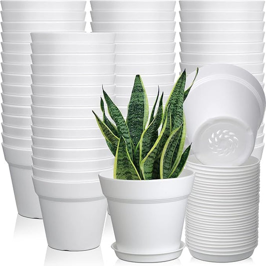 Mumufy 54 Pack 4 Inch Plant Pots Bulk Small Planter with Drainage Hole and Saucer Small Plastic Pots for Flowers Succulent Cactus and All House Indoor(White)