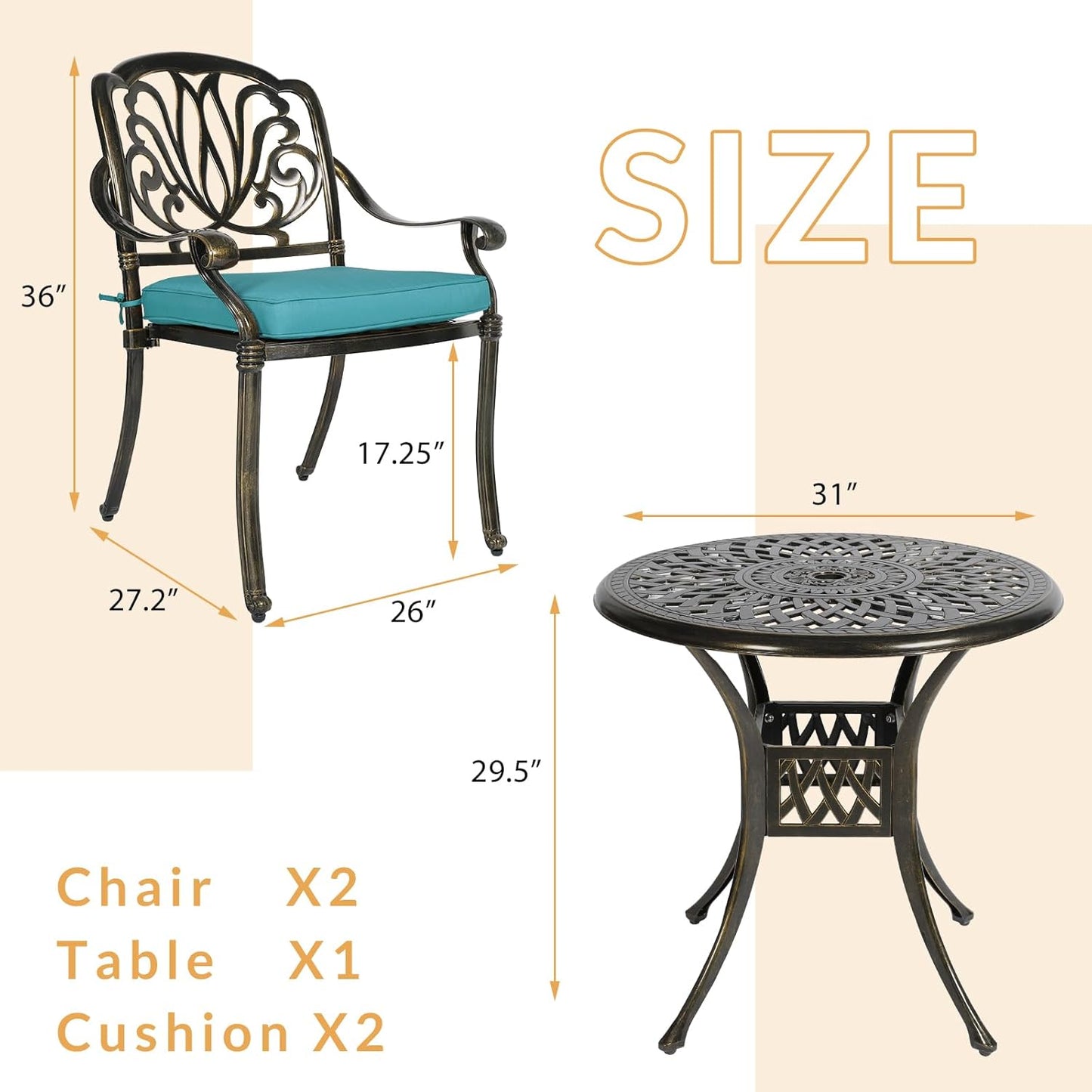 3-Piece Outdoor Patio Dining Set, All-Weather Cast Aluminum Patio Furniture Set for Backyard Garden Deck with 2 Cushioned Chairs and 31” Round Table, 2" Umbrella Hole, Ocean Blue