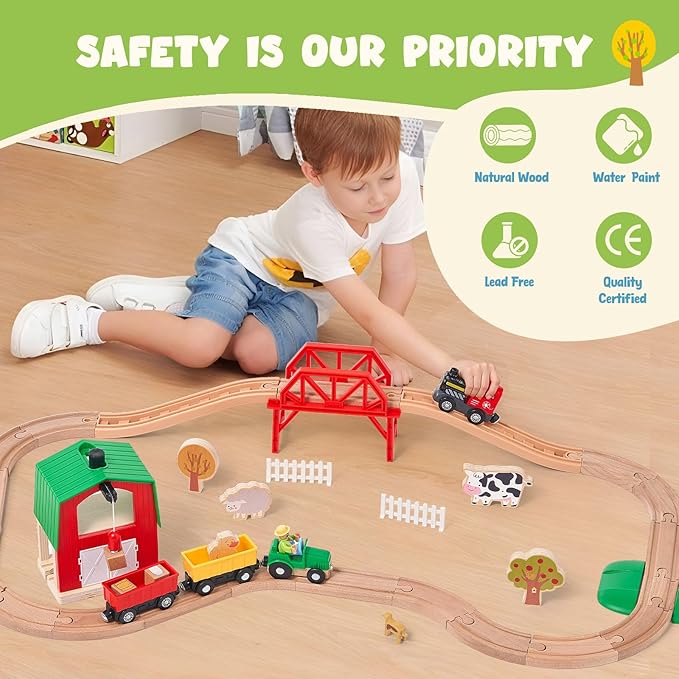 Giant bean 42PCS Wooden Farm Train Set for Toddler, Battery Operated Train Railway Track with Bridge, Barn, Animals,Tractor Cargo, Compatible with Most Brand,Toy Gift for Kids Boys Girls Age 3-8