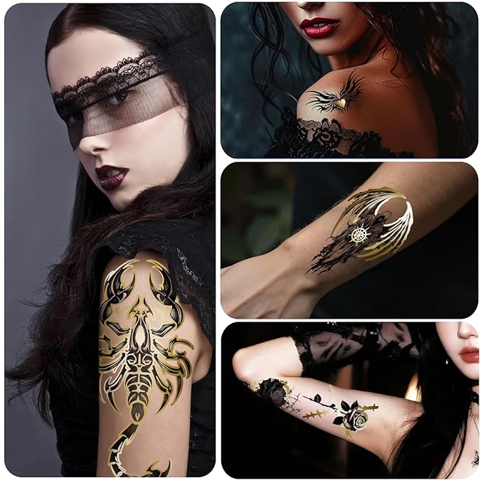 42 Sheets Metallic Gothic Temporary Tattoo for Women Men, 12 Half Arm Golden Skull Cat Floral Fake Tattoos, 30 Black Glitter Rose Butterfly Spider Halloween Tiny Adult Kid Body Tattoos Stickers