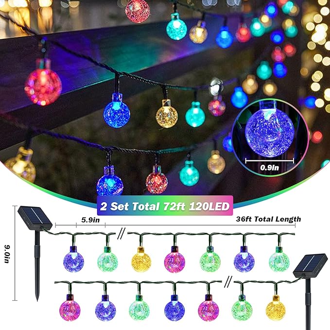 Solar Lights Outdoor Waterproof, 2 Pack Total 120LED 72FT Solar String Lights for Outside w/ 8 Modes, Outdoor String Lights Crystal Globe Patio Lights for Garden Yard Party Decor (Multicolor)