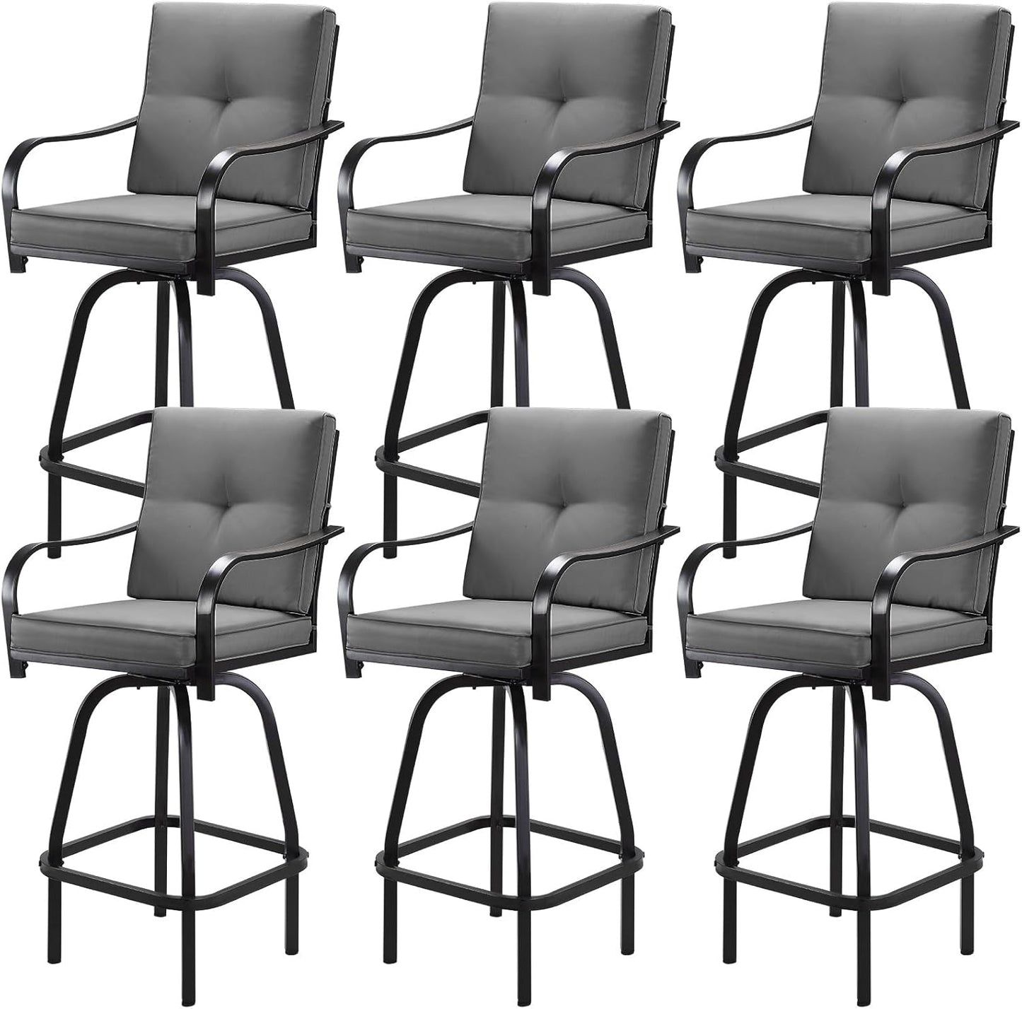 Patio Swivel Bar Stools Set of 6, Outdoor Bar Height Patio Swivel Chairs with Cushion for Garden Balcony Backyard (Grey)