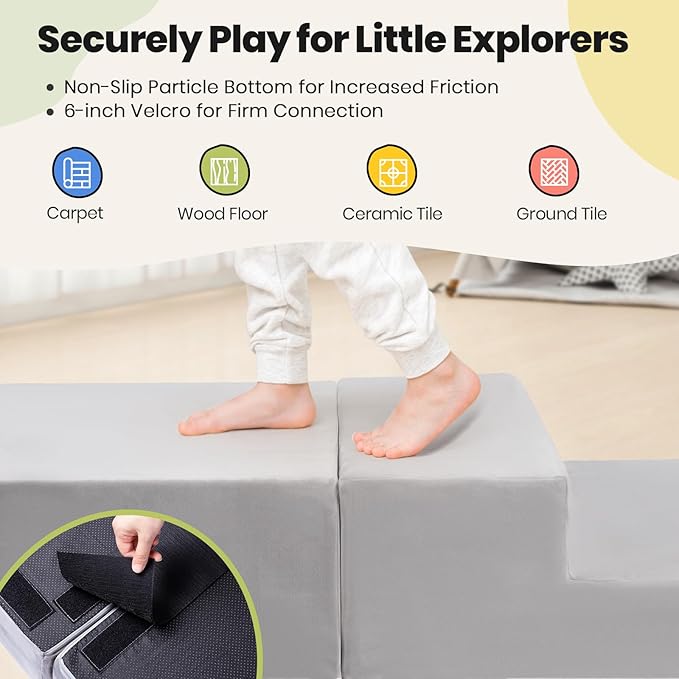 6-Piece Foam Climbing Blocks for Toddlers, Climb and Crawl Soft Foam Play Set with 47x47 Inch Baby Play Mat for Floor, Machine Washable Cover, Soft Climbing Toys for Toddlers 1-3 (Gray)