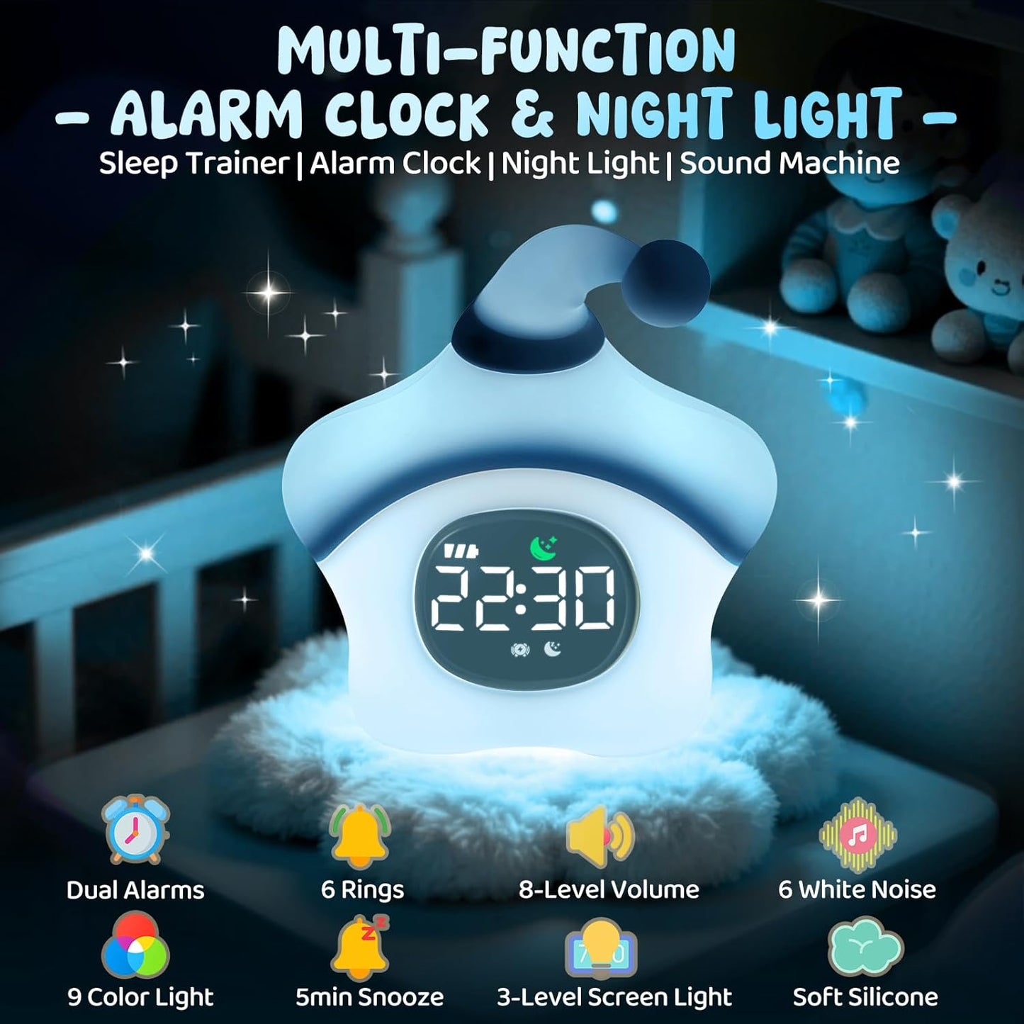 Star Alarm Clock with Night Light for Kids with Sleep Training and Sound Machine, Rechargeable Silicone Lamp OK to Wake Clock, Cute Animal Tabletop Lamp, Perfect Sleep Companion for Boys Girls, Blue