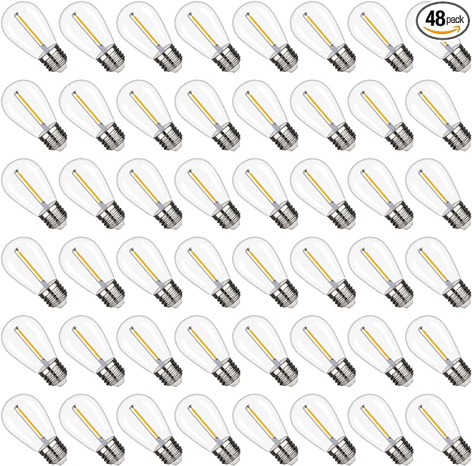 S14 Replacement LED Light Bulbs, Shatterproof & Waterproof 1W S14 LED Bulbs, E26 Base Patio Edison LED Light Bulbs for Outdoor String Lights , Warm White 2200K Plastic 70ML Non-Dimmable 48 Pack