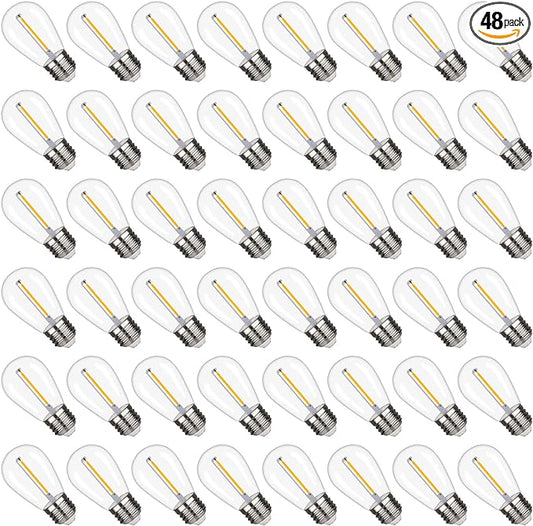 S14 Replacement LED Light Bulbs, Shatterproof & Waterproof 1W S14 LED Bulbs, E26 Base Patio Edison LED Light Bulbs for Outdoor String Lights , Warm White 2200K Plastic 70ML Non-Dimmable 48 Pack