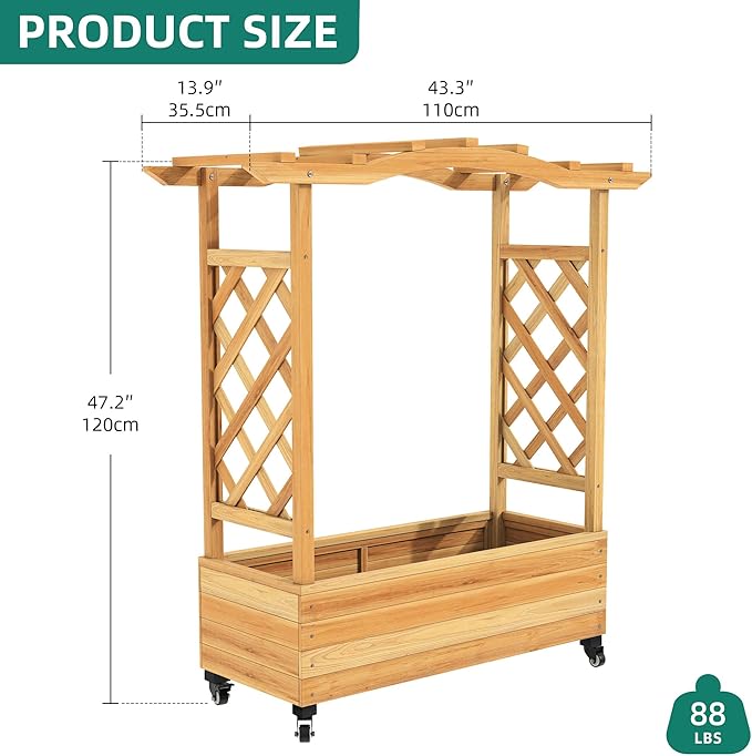 YITAHOME Raised Garden Bed with Trellis and Lockable Wheels, Wood Free-Standing Trellis Planter Box with Hanging Roof for Climbing Plants Flowers in Garden, Patio, Backyard, Balcony, Natural