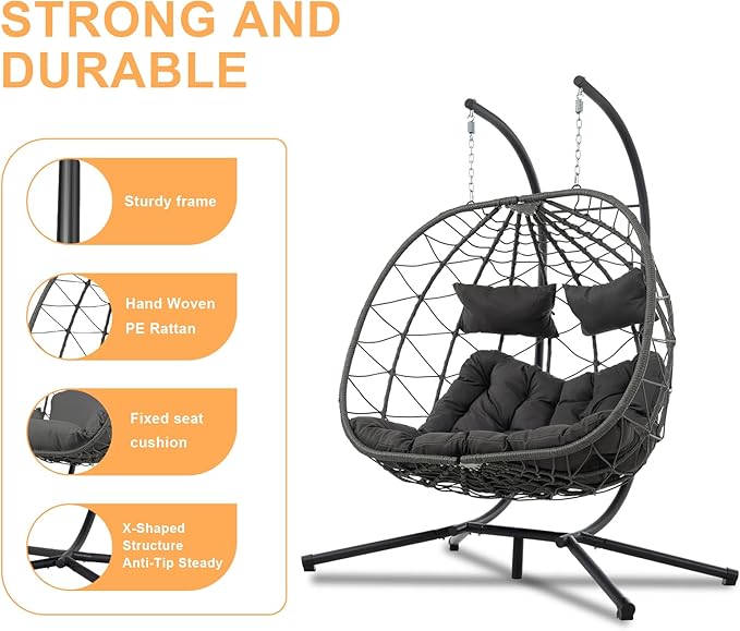 2 Person Double Egg Swing Chair with Stand Indoor Outdoor, Hammock Egg Chair Outdoor, Patio Wicker Hanging Egg Chair w/Cushion 700LBS Capacity for Bedroom, Balcony, Garden, Dark Grey