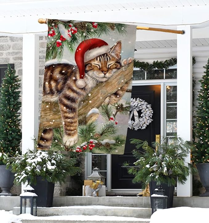 BLKWHT Winter Cat House Flag 28 x 40 Vertical Double Sided Christmas Holiday Outside Decorations Burlap Yard Flag BW738-40