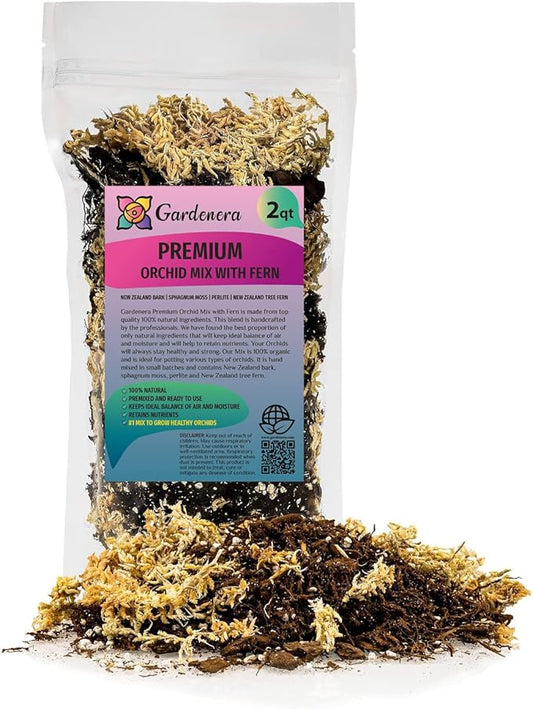 Premium Orchid Mix by GARDENERA | Fern + New Zealand Pine Bark + Sphagnum Moss + Perlite | Best for Growing and Repotting Orchids - 2 Quart Bag