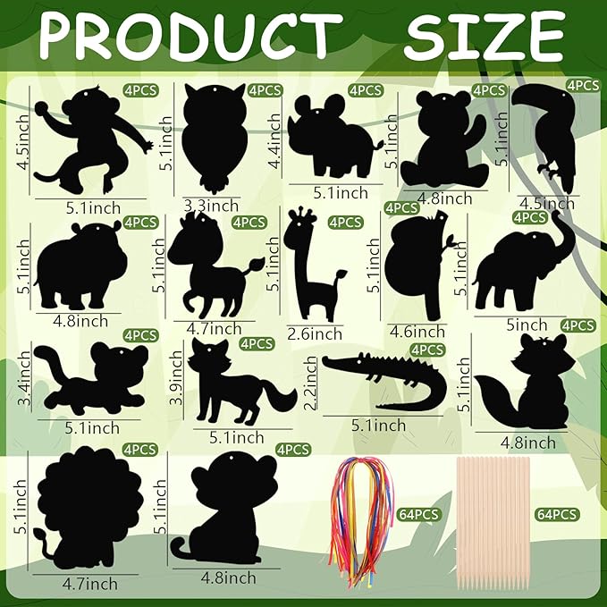 64 Pcs Wild Animal Scratch Cards DIY Rainbow Color Scratch Art Card Jungle Safari Animal Painting Scratch Off Paper for Kids Art Craft Kit with 64 Wood Stylus Ribbon for Home School Decor Party Favors