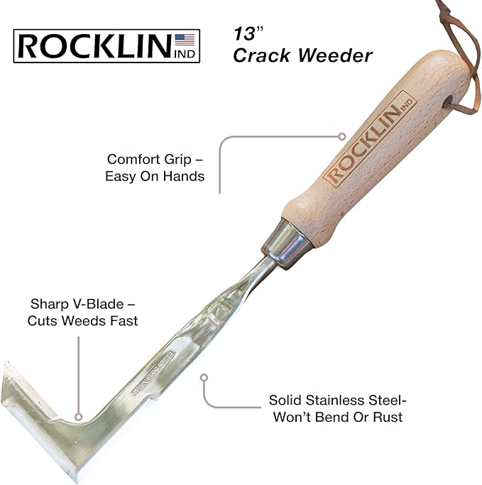Rocklin™ Crack Weeder – 13" Stainless Steel Manual Crevice Weeding Tool with Beech Wood Handle – L-Shaped Blade for Sidewalk, Patio, and Garden Weed Removal