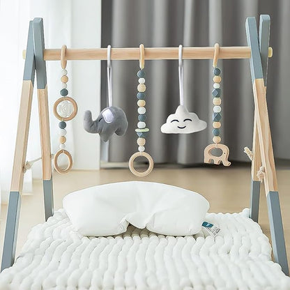 Wooden Baby Play Gym Foldable Gym Frame Activity Gym Hanging Bar with 5 Toys Natural for Newborn Baby (Foldable Grey)