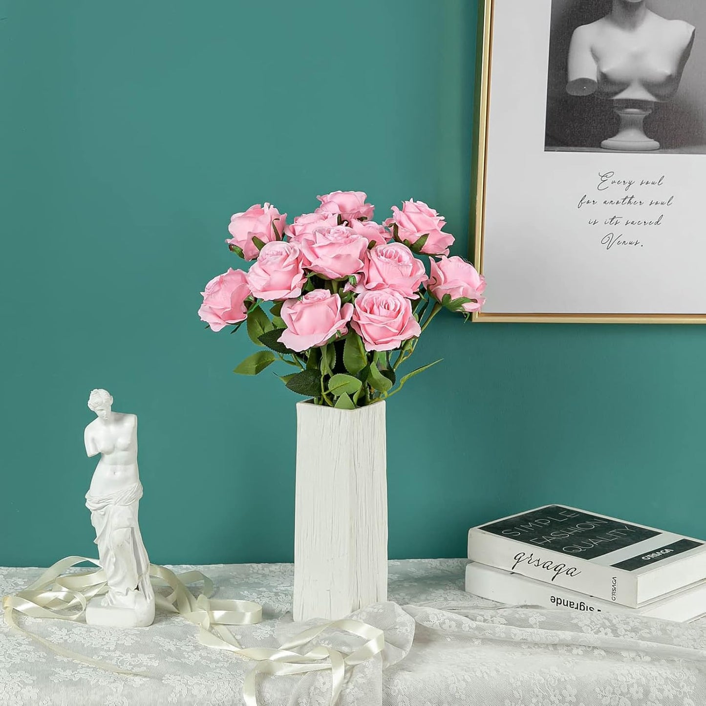 Hawesome FLORRALIA 12PCS Artificial Silk Flowers Realistic Roses Bouquet Long Stem for Home Wedding Decoration Party (12pcs-Pink) 1