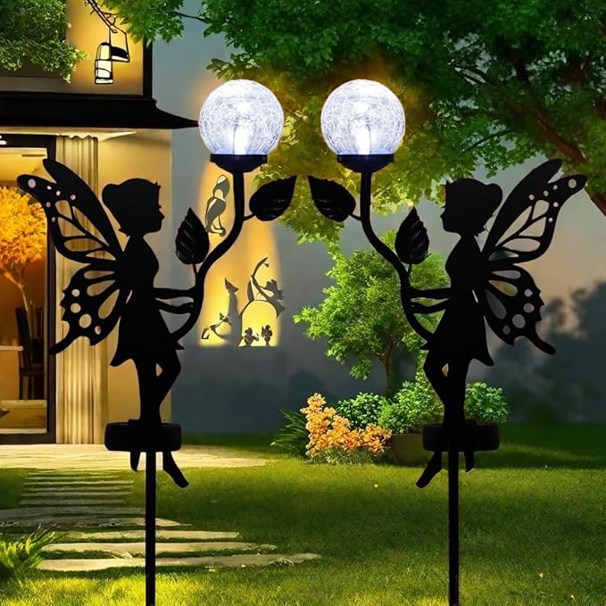 2 Pack Solar Fairy Garden Decor, Metal Fairy Statues with Crackle Glass Globe Solar Garden Lights Outdoor Silhouette Waterproof for Lawn Patio Yard Pathway Gardening Gifts