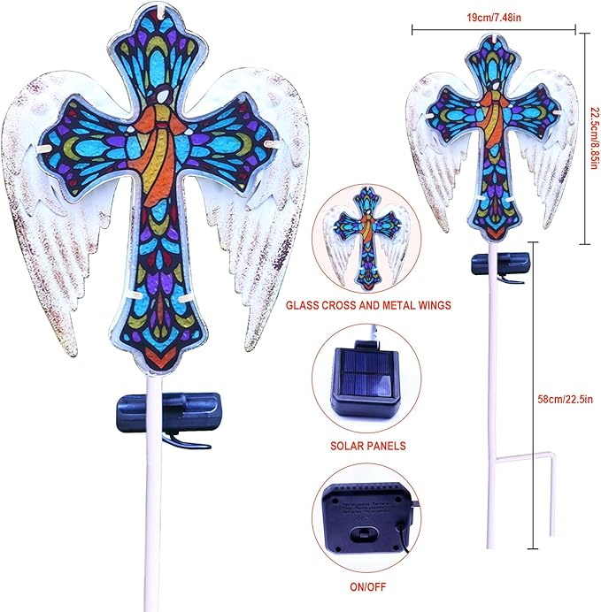 YJFWAL Solar Glass Cross Garden Stake Light, Cemetery Decorations for Grave Outdoor Lights, Jesus Cross Angel Wings Sympathy Memorial Gifts, for Easter Halloween Garden Lawn Yard Patio Decor