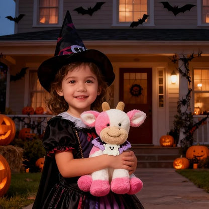 Hopearl Adorable Halloween Plush Cow Toy with Knitted Cute Ghost Bib Floppy Dairy Cattle Soft Stuffed Animal Gifts for Boys Girls Kids Toddlers, Pink, 9''