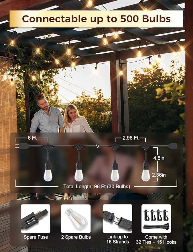 XMCOSY+ 96FT Outdoor String Lights, Patio Lights Outdoor Waterproof with 32 Shatterproof Bulbs, LED Hanging Light for Outside Porch Backyard Garden Party Balcony Decor