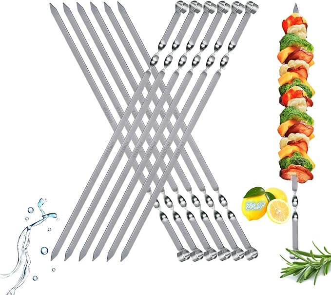 Large Metal Skewers For Grilling,Shish Kebab Skewer 23.6" Skewers For Kabobs Flat Barbecue Skewer Stainless Steel BBQ Grill Stick for Meat, Chicken, Shrimp, Fruit, Vegetables