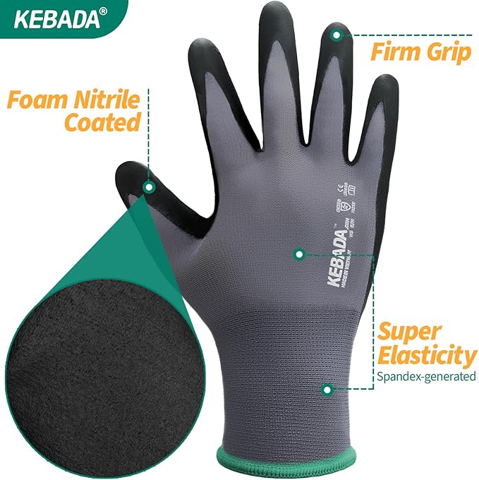 Kebada W5 Work Gloves Bulk Pack (60 Paris), Foam Nitrile Coated Working Gloves with Grip, Ultra Stretchable Spandex Knit Gloves for Gardening and Light Duty Mechanic Work, Small (Made in Vietnam)