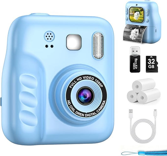 Kids Instant Print Camera, 1080P HD Kids Camera Instant Print, Includes 32GB SD Card, Adapter & 4 Zink Paper Rolls, Best Christmas or Birthday Gift for Girls Boys Age 3-12（Blue）