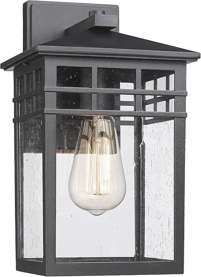 Outdoor Light Fixture Wall Mount, Modern Exterior Lights Fixture Wall Sconces with Seeded Glass for Front Porch, Farmhouse Rustic Waterproof Lantern Lamp in Black Finish for Home, Barn, Garage