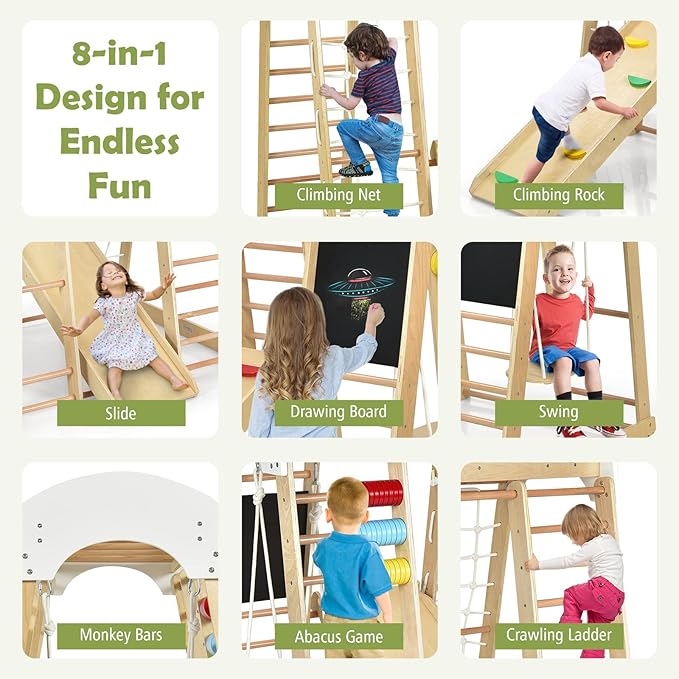 Costzon Indoor Jungle Gym, 8-in-1 Montessori Beech Wood Climbing Toys for Toddlers w/Double-Sided Slide, Climbing Rock/Net, Indoor Playground Climber Playset for Kids 3+ Years Birthday