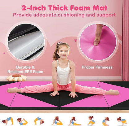 Giantex 4'x10'x 2" Gymnastics Mat, 4-Panel Folding Aerobics Exercise Mat w/Hook & Loop Fastener, Carrying Handle, Portable Tumbling Mat for Stretching Yoga Cheerleading Martial Arts