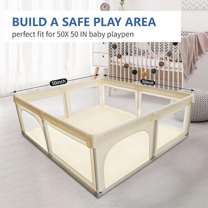 Baby Play Mat for Floor, 1.3" Thick Elasti-Foam 50x50 Playpen Mat for Toddlers Infant Kids,Water-Repellent Soft Velvet for Tummy Time, Non-Slip Backing for Crawling, Tatami Style(Vanilla)