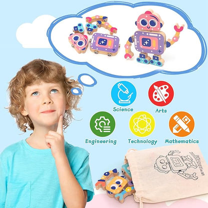 Wooden Robot Snap-Together Building Blocks, STEM Take Apart Toys Playset for Toddlers 3 4 5 6, 28 Psc Montessori Educational Fine Motor Skills Toys for Boys & Girls Birthday Gift