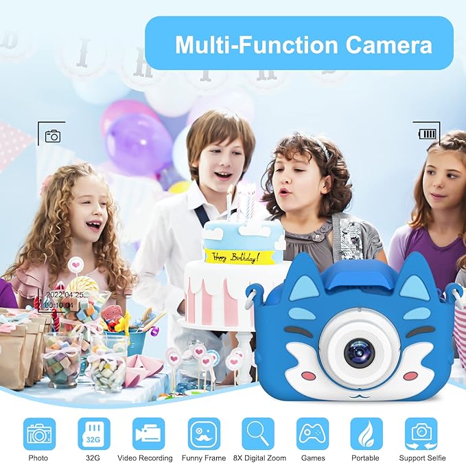 Kids Camera Toys Gifts for Boys Girls, Selfie Camera HD Digital Video Shockproof Camcorder, Christmas Birthday Gifts for 3 4 5 6 7 8 9 Years Old Girls Boys Gifts - 32GB SD Card Included