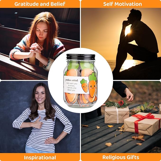60 PCS Positive Carrot Emotional Support Gift Set Carrot Affirmation Cards with Glass Jar for Carrots Gifts Mental Health Gifts to Cheer Up Friends Positive Affirmations Cards for Women