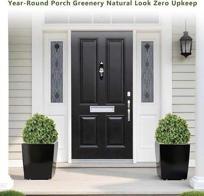 THE BLOOM TIMES 2ft Faux Boxwood Plants Outdoor Set of 2, Topiary Balls Artificial Outside Trees, 24" UV Resistant Fake Greenery Bushes & Shrubs for Front Porch Planter