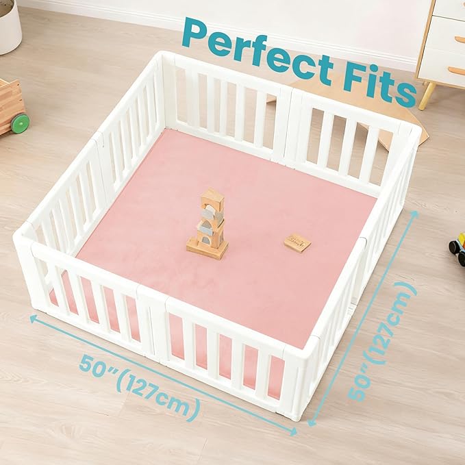 Baby Play Mat for Floor,1.3" Thick Elasti-Foam 50"×50" Playpen Mat for Tummy Time,Water Repellent Soft Coral Velvet for Toddler,Infant,Kids,Non-Slip Backing Safe for Crawling(Pink)