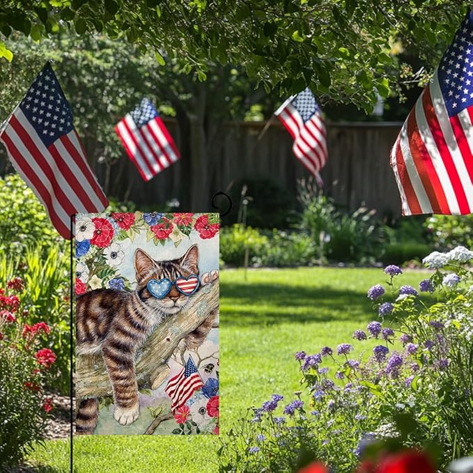 BLKWHT 4th of July Cat Garden Flag 12x18 Vertical Double Sided Red Blue Floral Memorial Day Independence Day Holiday Outside Decorations Burlap Yard Flag BW823