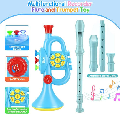 Set of 3 Toy Saxophone Kids Trumpet and Recorder Flute,Musical Instruments Set for Children,Teaching Songs Gifts with Light & Sound for Kids Ages 3-5 5-9, for Kid