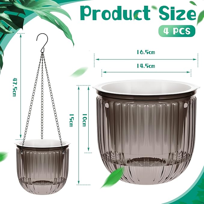 Meanplan 4 Pcs Self Watering Hanging Planter Indoor 6.5 Inch Hanging Baskets for Plants Outdoor Plastic Flower Pot with 3 Hooks Chains Drainage Holes for Garden Home, Medium Size(Gray)