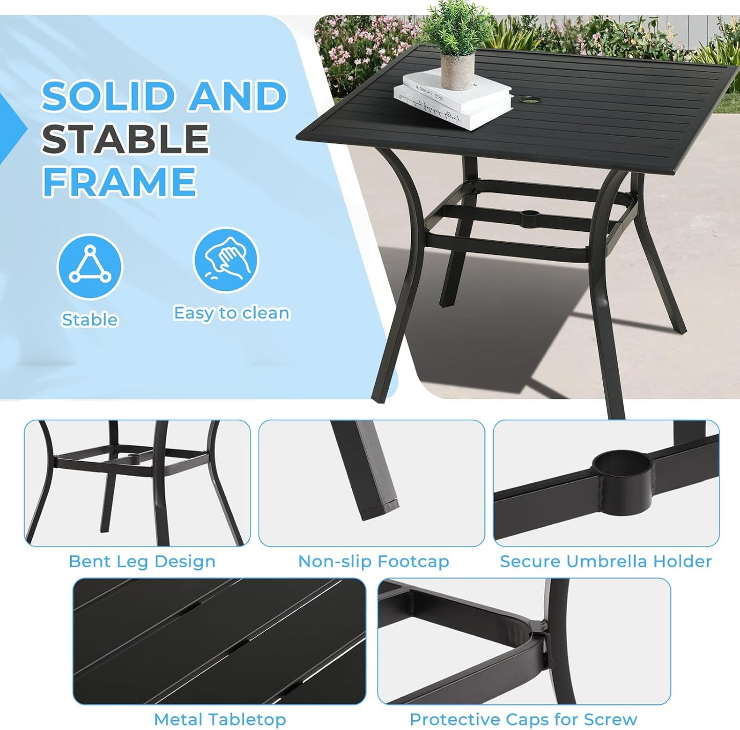 5-Piece Outdoor Patio Dining Set, Outdoor Metal Chairs & Square Metal Patio Table, All Weather Outdoor Furniture Dining Set for Patio, Balcony, Lawn, Garden, Backyard (1 Square Table+ 4 Chairs)