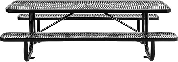 Global Industrial 8’L Rectangular Picnic Table, Expanded Metal, Black Thermoplastic Coating, Attached Benches, 1-1/2” Umbrella Pole Hole, Outdoor-Rated, 1000 lb Capacity, 96” x 30” Tabletop