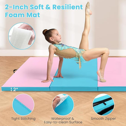Giantex 4'x10'x 2" Gymnastics Mat, 4-Panel Folding Aerobics Exercise Mat w/Hook & Loop Fastener, Carrying Handle, Portable Tumbling Mat for Stretching Yoga Cheerleading Martial Arts