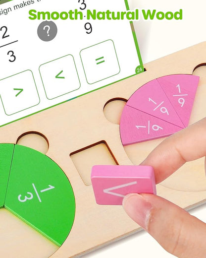 D-FantiX Wooden Fraction Educational Puzzle, Wood Fraction Tiles & Fraction Circles Set, Math Manipulatives for Elementary School, Montessori Fraction Manipulatives Games Learning Toys for Kids